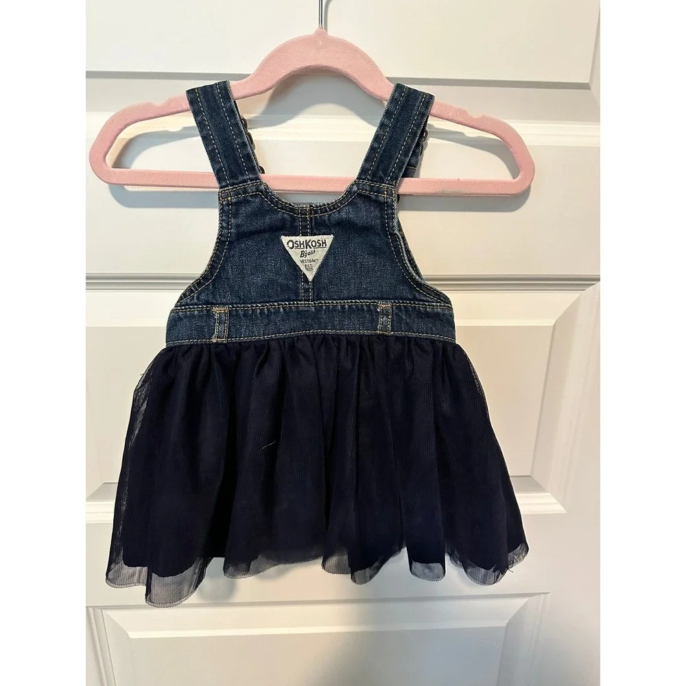 OshKosh Bgosh Navy Blue Denim Taffeta Tulle Overall Dress 12M